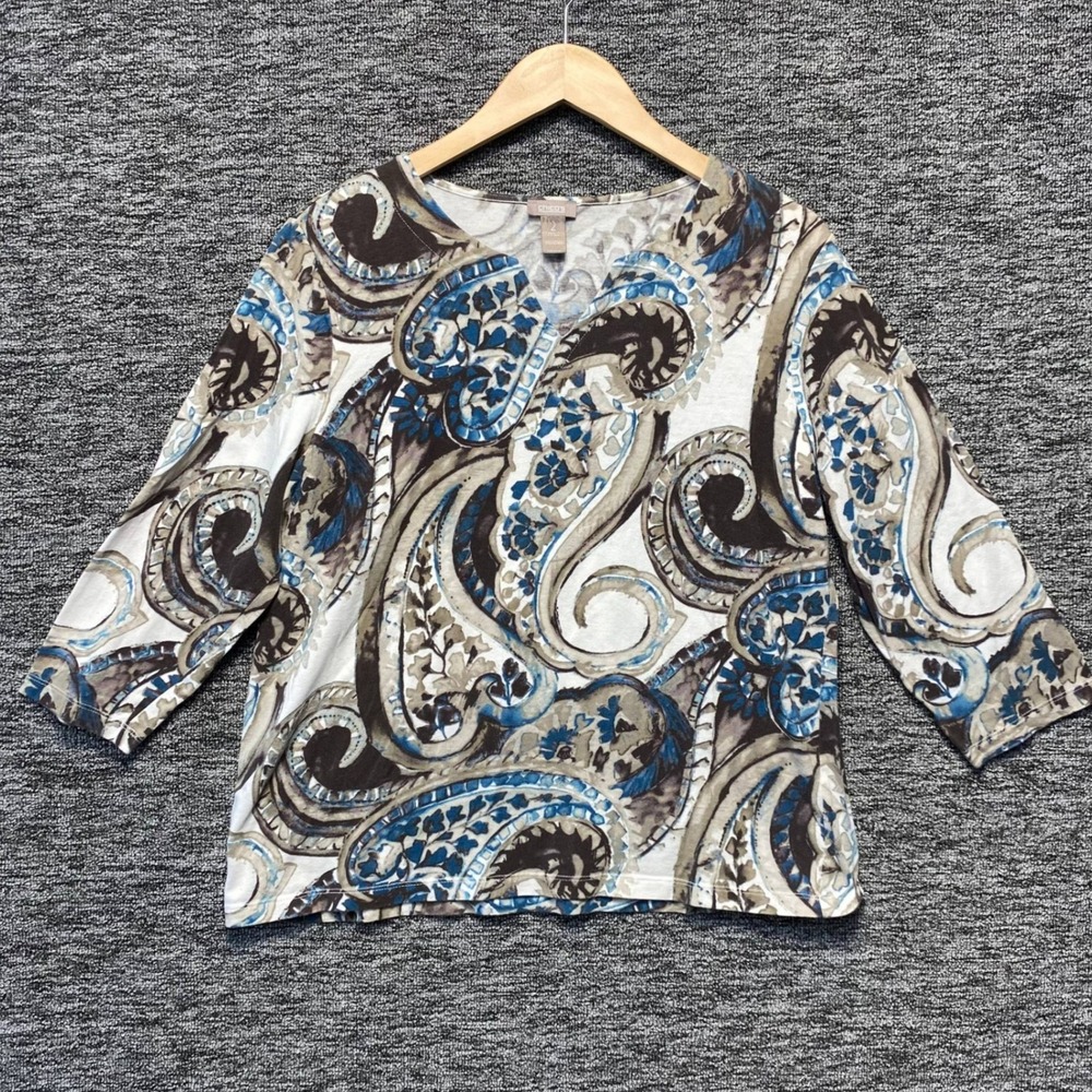 Chicos Paisley Top Womens Large Blue Brown Cotton Stretch Casual Earthy Boho